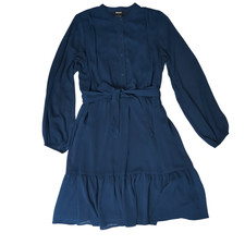 DKNY Teal Blue Chiffon Ruffle Mini Dress Long Sleeve Tie Waist Button Front SZ 8