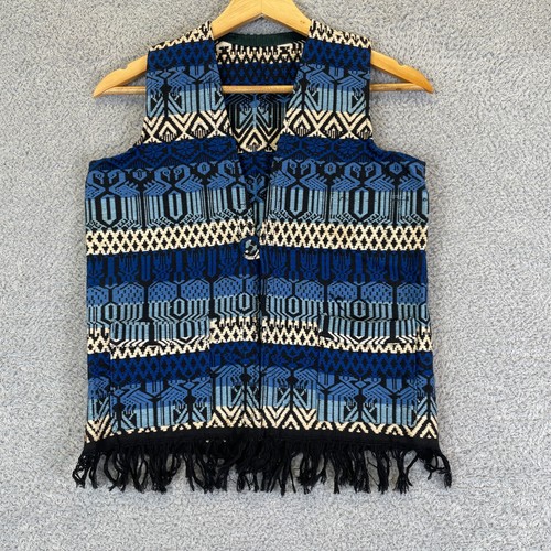 Vintage Heavy Southwestern Blanket Vest With Fringe Mexican Huichol Youth Large