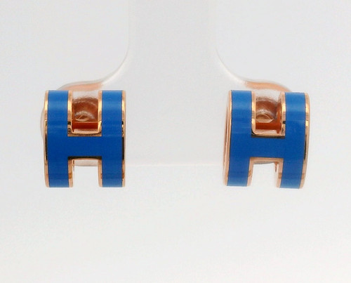 Hermes Mini Pop H Rose Gold Tone & Blue Enamel Earrings