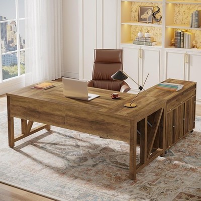 63'' Vintage L-Shaped Executive Desk Large Office Computer Desk with File Cabinet