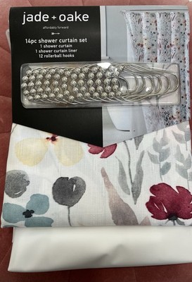 Jade + Oake Floral/ Multi Color Shower Curtain Set, Curtain, Liner & Hooks-New
