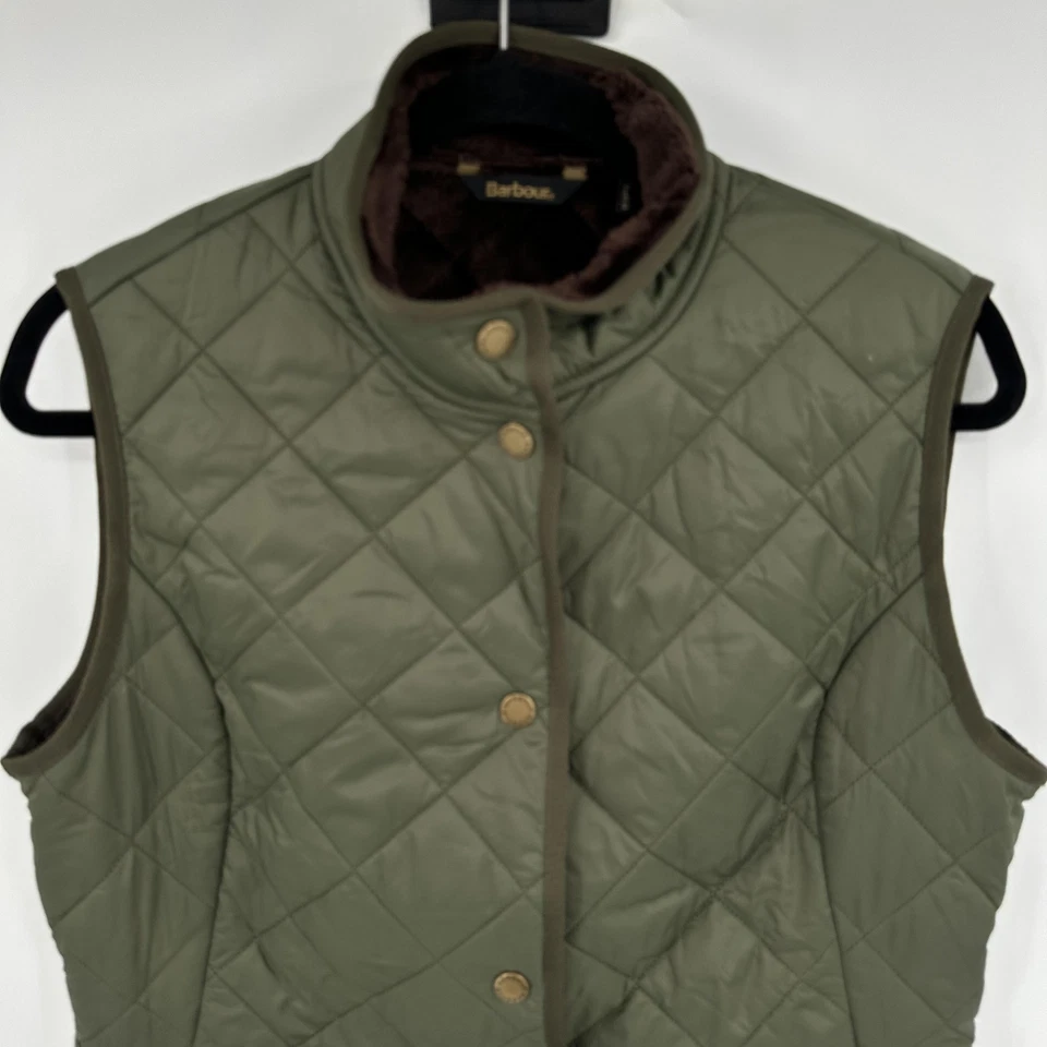 Barbour 绗缝背心女式 6 橄榄绿色抓绒衬里按扣前口袋马甲 — 第 2/4 张图片