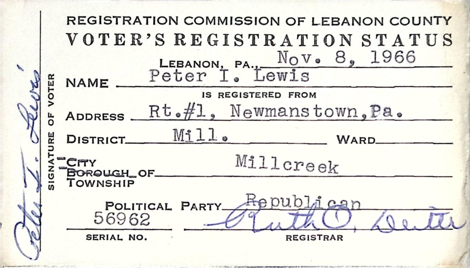 1966 Lebanon County Pennsylvania Voter Registration Card Republican