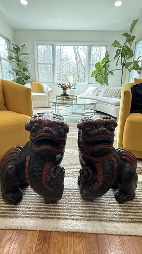 Large Pair 20” Chinese Foo Dog Antique Vintage Carved Wood Temple Statue