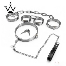 Stainless Steel Handcuffs Ankle Cuffs Neck Collars Lock with Detachable Chain
