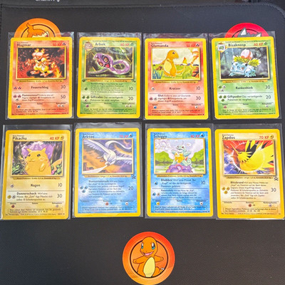 Wizards Pokémon TCG Karten Lot 8x Deutsch Basis 1999 Pikachu Glumanda Arbok