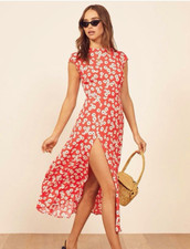 Reformation size 2 Red/White Daisy Floral Fit & Flare Midi Dress Cut-Out Gavin