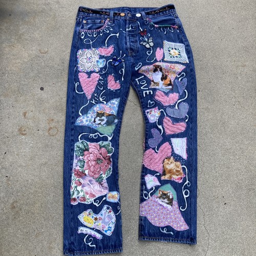 Upcycled Levi’s 501 jeans  festival cottage Cats .. Style Pearl  32 X 28 Actual