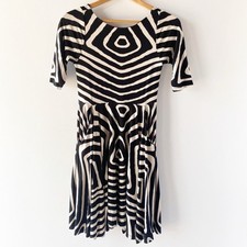 Bel Kazan Black White Optical Geometric Fit Flare A-Line Dress Pockets S Small
