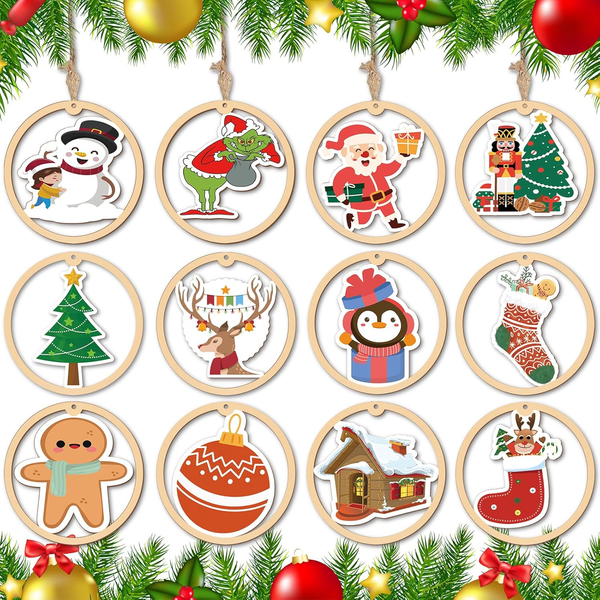 12PCS Christbaumschmuck Aus Holz Runde, Ø10 Cm HolzanhäNger Mit Trageband - Weih-image