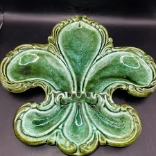 VINTAGE LANE CERAMICS MCM FLEUR DE LIS COFFEE TABLE ASHTRAY GREENS NICE  BOX 73