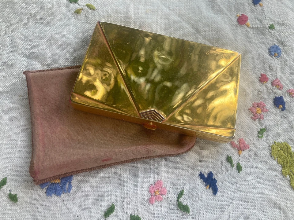 Ancien poudrier de sac doré Houbigant forme originale pochette lettre minaudière - Photo 1/4