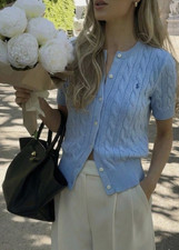 Women's Polo Ralph Lauren Shortsleeve Cotton Cable Knit Cardigan BLUE