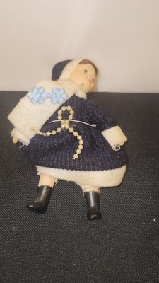 Miniature 4  Porcelain Tudor Girl Doll In Blue Dress Blonde Hair Likely 1980, VG