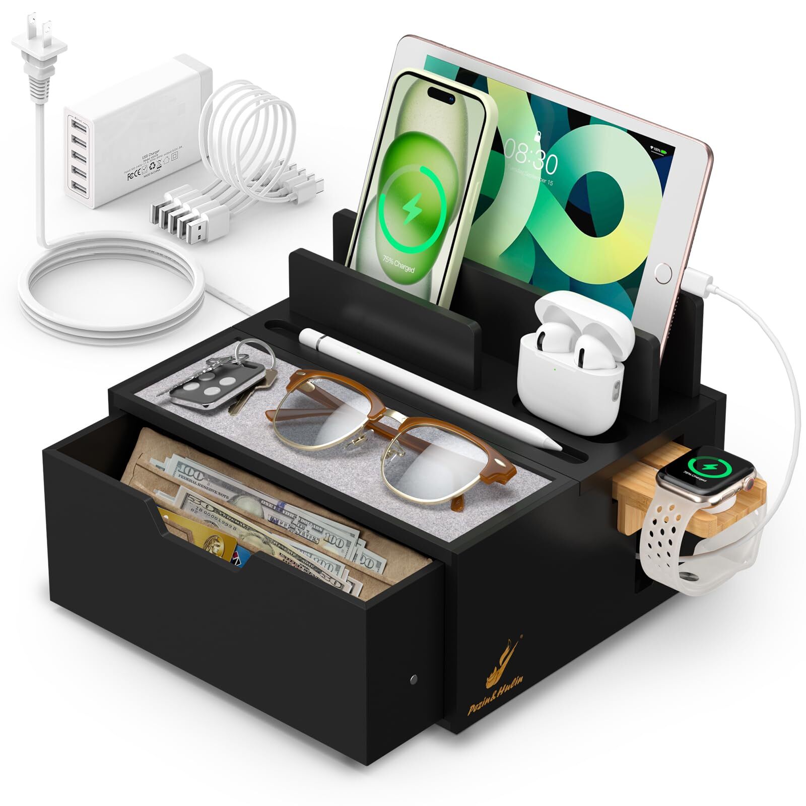 Bamboo Multi-Device Charging Station with Power Adapter & Cables-image