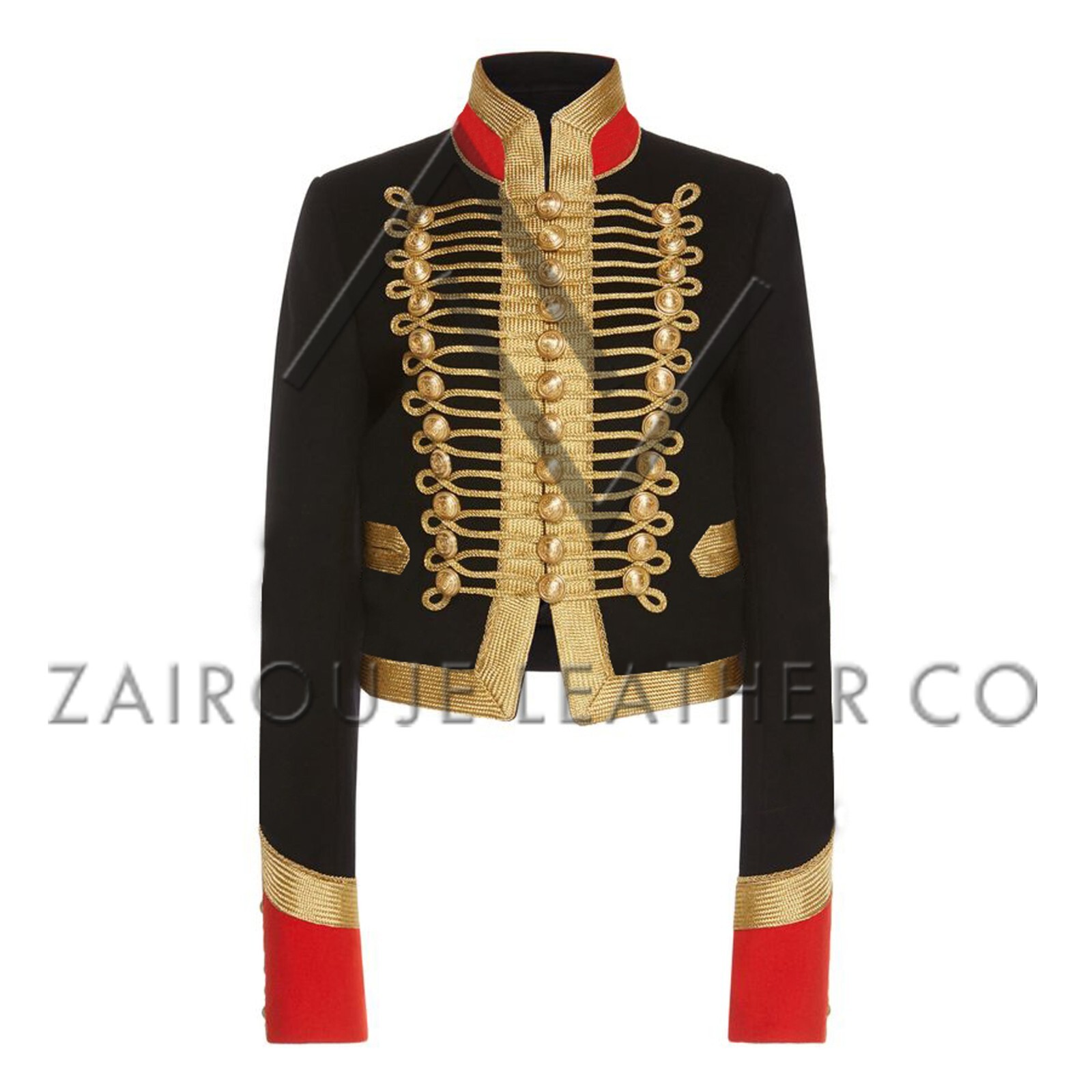 Womens Military Style Jacket - Black Gold Embroidered Cropped Band Coat Regal