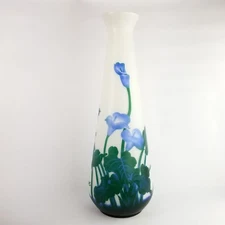 Galle Style Hand Blown Cameo Art Glass Large Floor Vase Blue Calla Lily Pattern