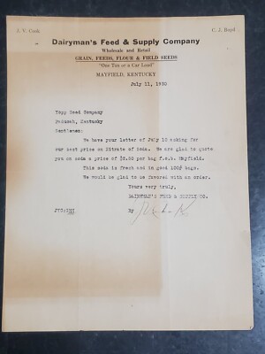 1930 Letter, Dairyman's Feed & Supply Company, Mayfield, Kentucky, To: Yopp Seed