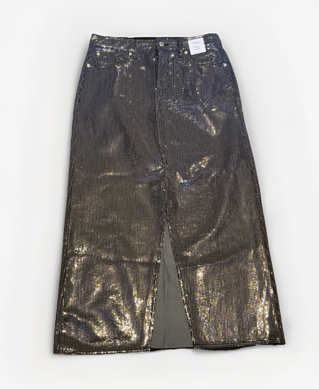 Marks And Spencer Sequin Silver Party Maxi Skirt Size 14 Regular RRP £ 39.50