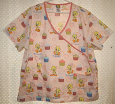 WARNER BROS Scrub Top, TWEETY BIRD So Tweet Cupcakes, V-Neck, 2 Pockets, XL