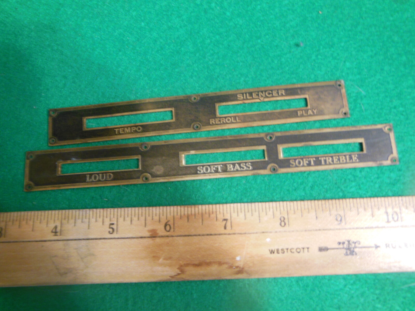 Two Brass Player Piano Lever Control Tempo Expression Plates OFFicial