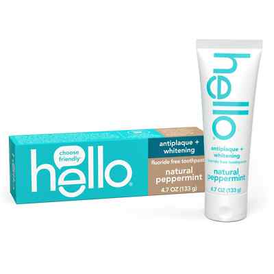 hello Antiplaque and Whitening Fluoride Free Toothpaste, Peppermint, 4.7 Oz