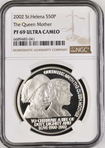 2002 ST. HELENA SILVER 50 PENCE THE QUEEN MOTHER- NGC PF 69 ULTRA CAMEO