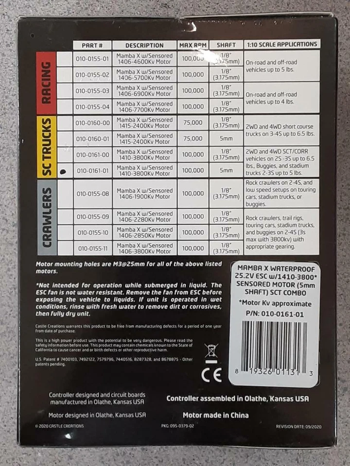 Castle Creations Mamba X SCT 1/10 Brushless Combo w/1410 Sensored Motor 3800Kv - Image 3 of 4