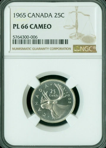 1965 CANADA 25 CENTS NGC PL66 CAMEO BLAST WHITE MAC SPOTLESS *
