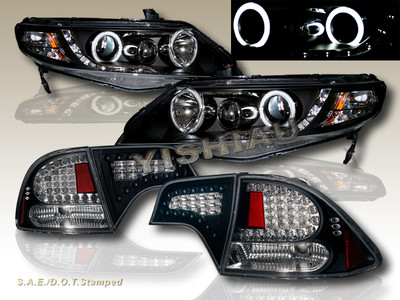 Fit For 2006-11 HONDA CIVIC 4DR HALO PROJECTOR HEADLIGHTS CCFL+ TAIL LIGHTS LED