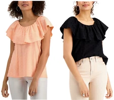 Style & Co Ruffle-Neck Top Tufted Texture Knit