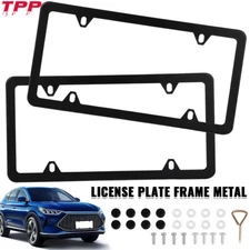 2Pcs Black Stainless Steel Metal License Plate Frame Tag Cover With Screw Caps