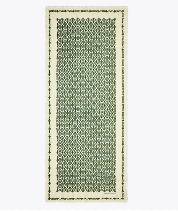 TORY BURCH CINTA MEDALLÓN GEMINI Bufanda Larga Fina 75"x30" Verde Marfil (Nuevo) Foto 3 de 4