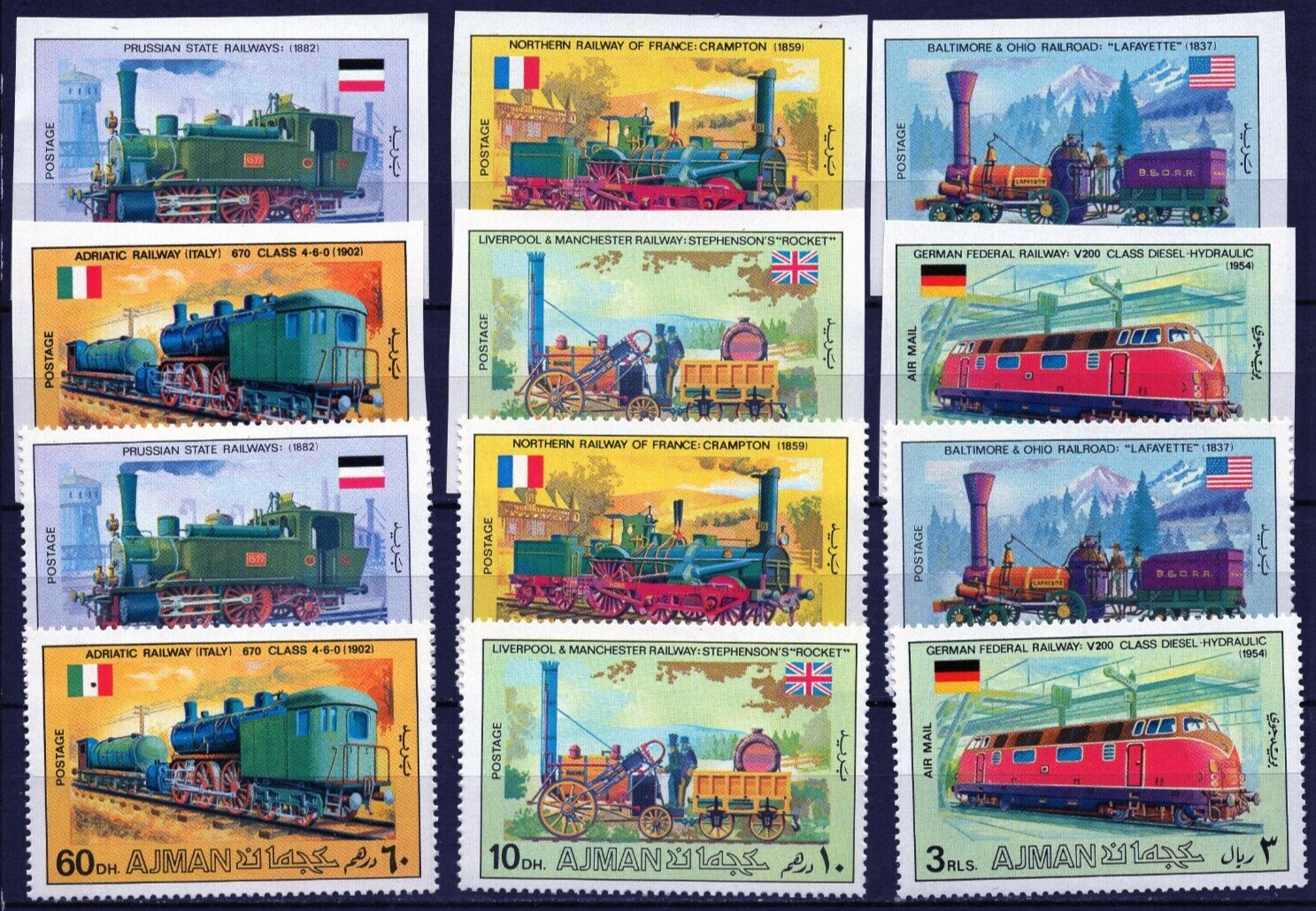 AJMAN 1971 LOCOMOTIVES 2 SETS OF 6 STAMPS PERF. & IMPERF. MNH | eBay