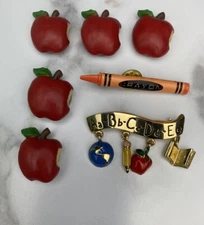 Cute Lot 5 Red Bitten Apple Button Covers & 2 Pins Brooches Teachers Gift