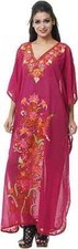Floral Kashmiri Embroidered Burgundy Georgette Caftan Boho Women Dress L-52"