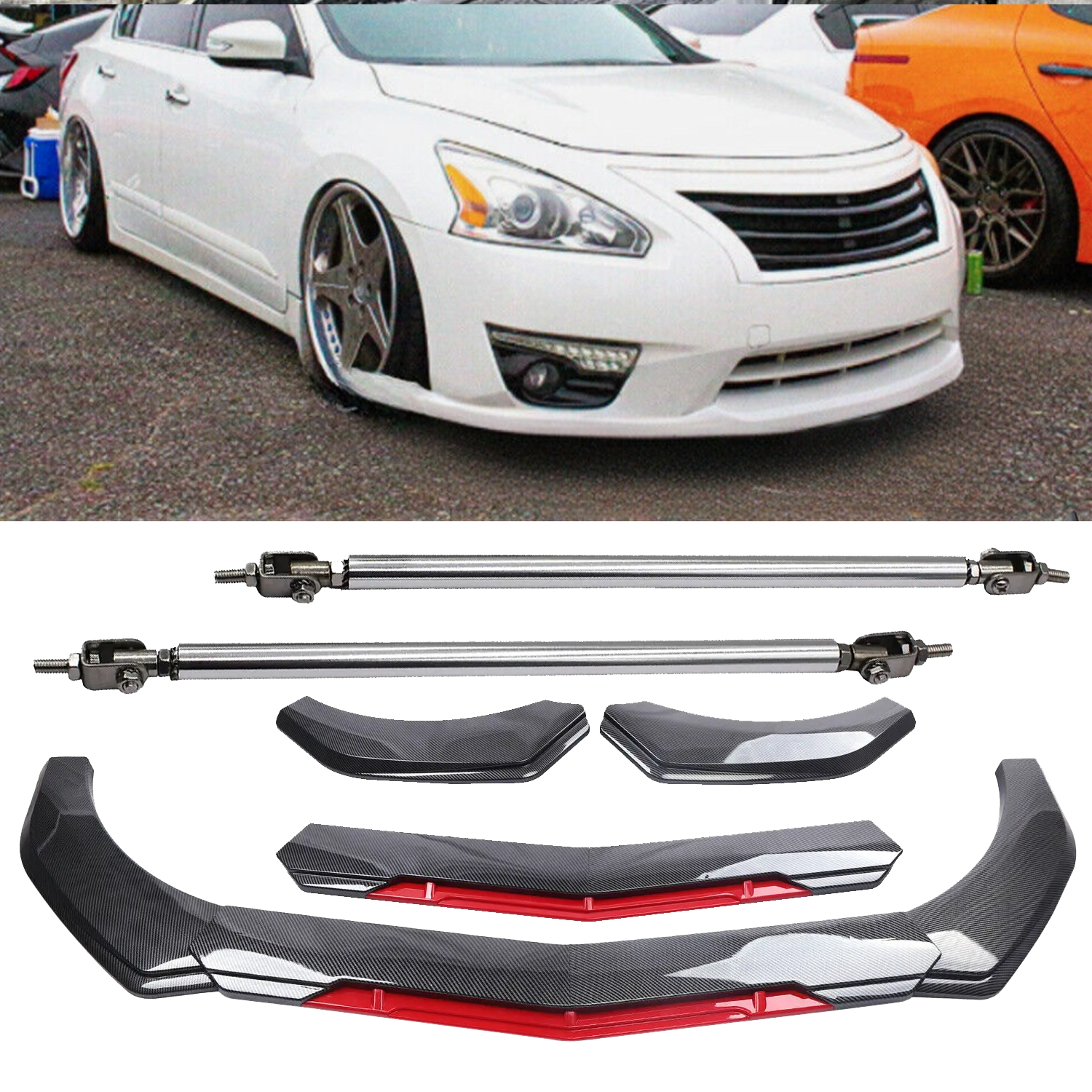 Nissan Altima 08-23 Carbon Fiber Front Bumper Lip Spoiler Splitter with Strut Rod