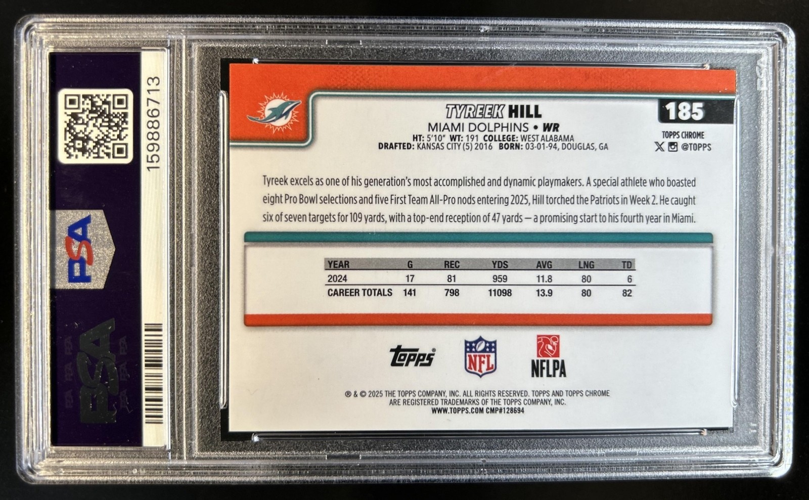 2025 Topps Chrome Tyreek Hill Etch Variation Gold Refractor SSP #/50 PSA 9 view 2