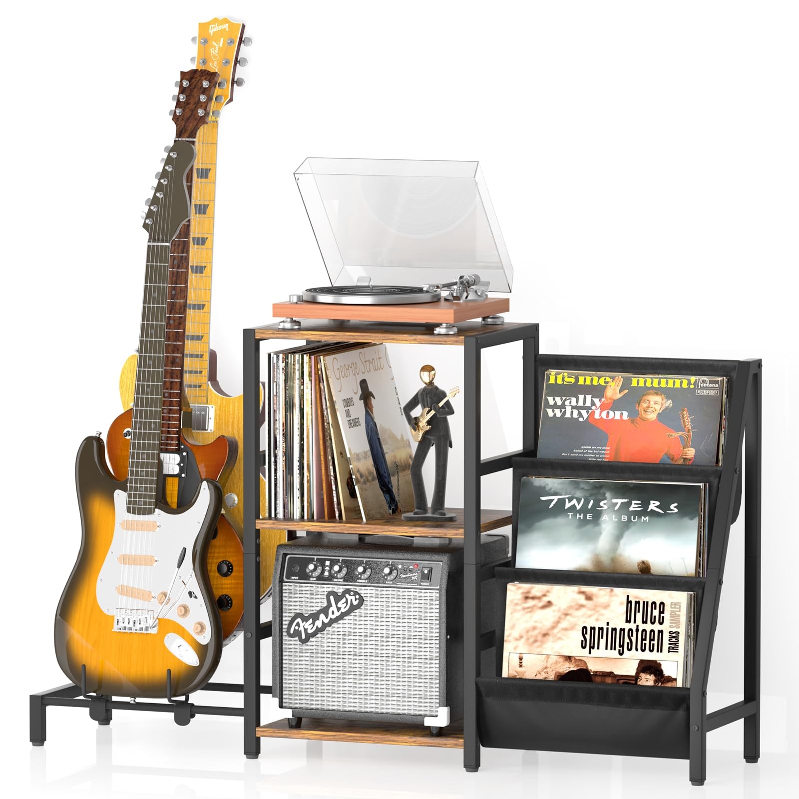 Wooden Record Player Stand with Multi-Purpose Guitar Holder for Acoustic, Electric, and Bass Guitars-image