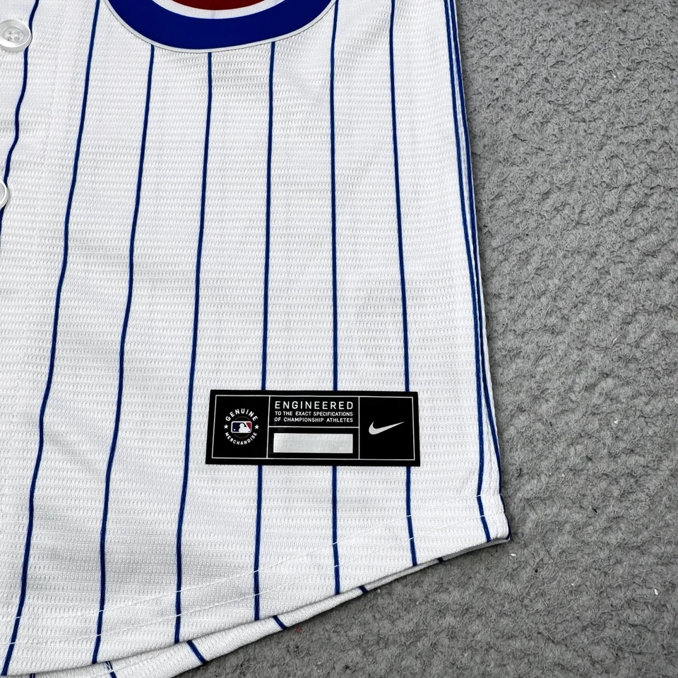 Футболка молодежная Chicago Cubs 5/6 белая синяя в тонкую полоску бейсбольная Главной лиги бейсбола Nike на пуговицах - Изображение 3 из 4