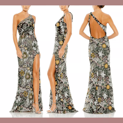 #ad Mac Duggal Embellished Floral One Shoulder Gown 49574 Black Multi Size 0 $278.00
