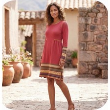 Peruvian Connection Knit Dress Womens L Red Pima Cotton Boho Fair Isle *FLAW*