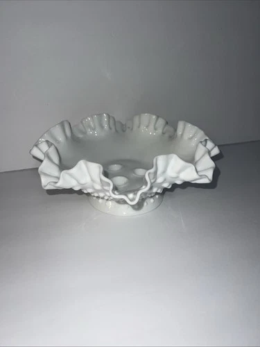 Fenton White Milk Glass Hobnail Ruffled Epergne 3 Horn Trumpet Vase BASE ONLY