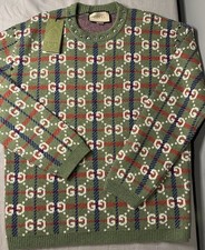 Gucci GG Logo Crew Neck Studded Green Wool Sweater Men s Size L Authentic