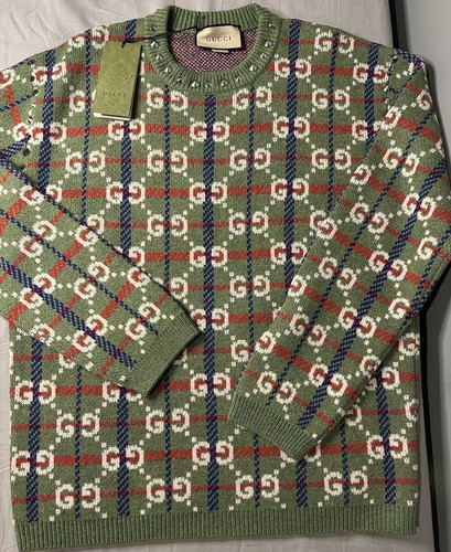 with tags Gucci GG Logo Crew Neck Studded Green Wool Sweater Mens Size L G1N
