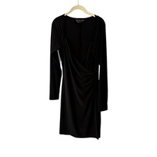 Malikulture Mini Dress Black Long Sleeve Draped Ruched Surplice Bodycon Party L