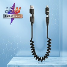 65W 4-in-1 Coiled Fast Charging Cable USB-A USB-C Type-C for iPhone Android