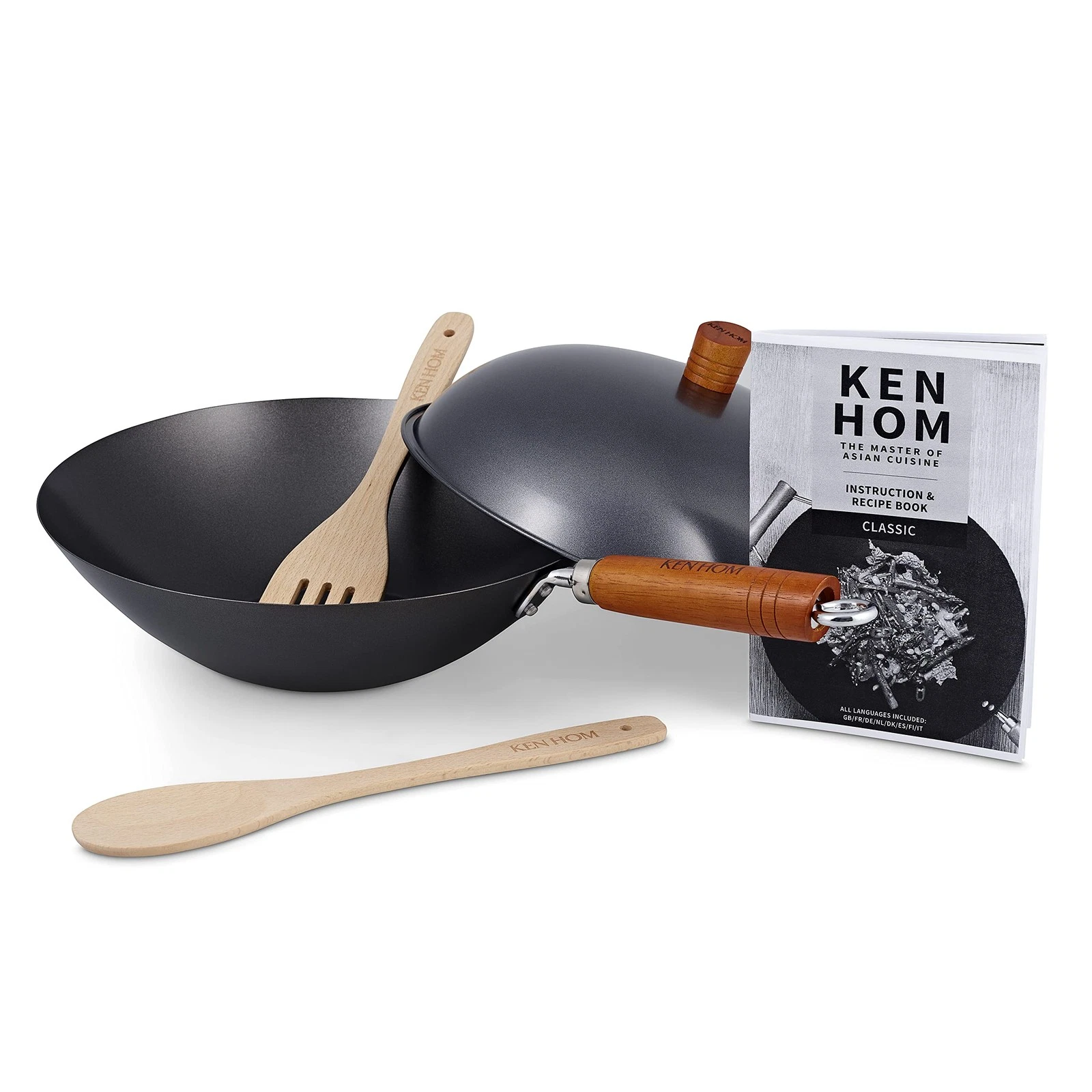 Carbon Steel Wok Pan Set with 31cm Skillet with Lid 1x Spatula Wooden...