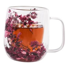 Real Flower Glass Tea Cup, 13 oz Double Wall Glass Coffee Mug with Pink