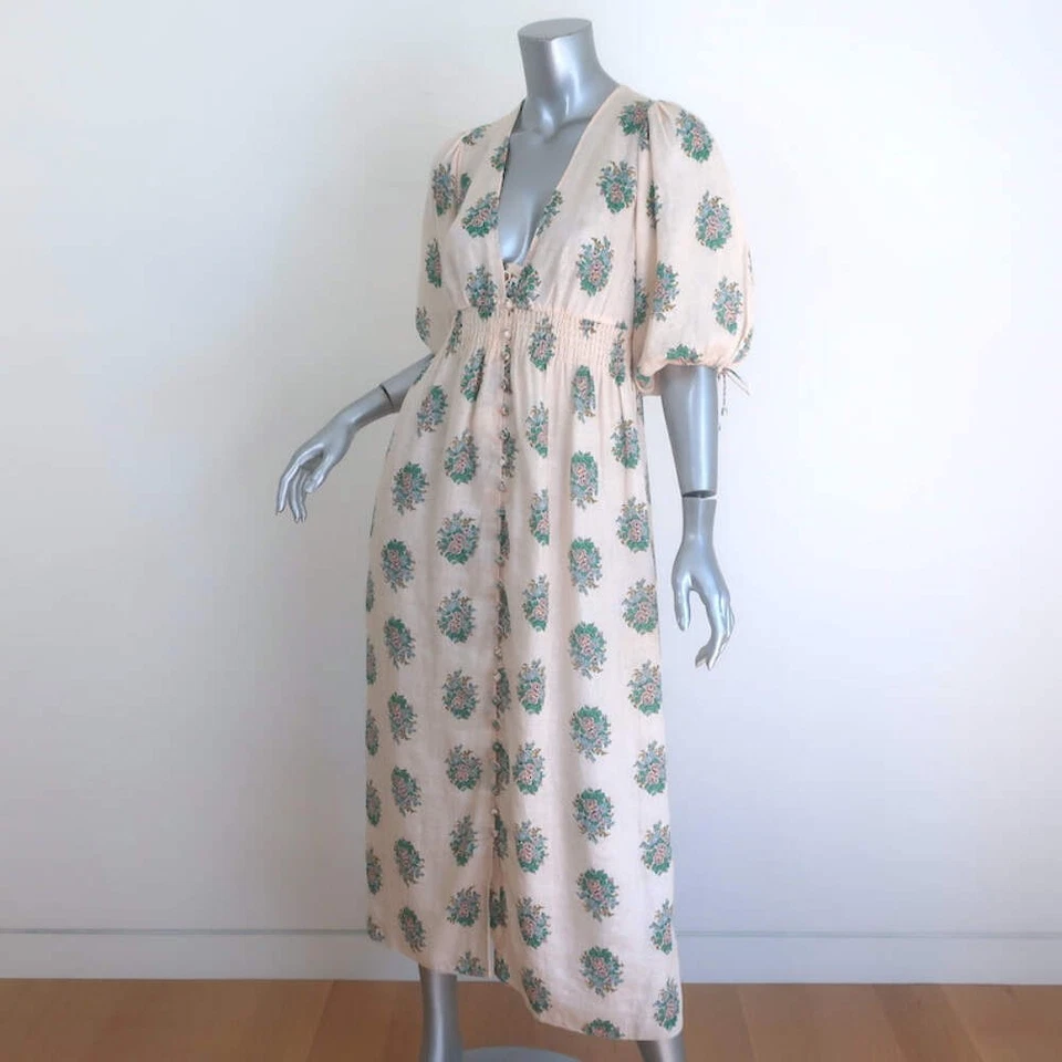 Zimmermann Verity Puff Sleeve Midi Dress Light Pink Floral Print Linen Size 0 - Image 3 of 4